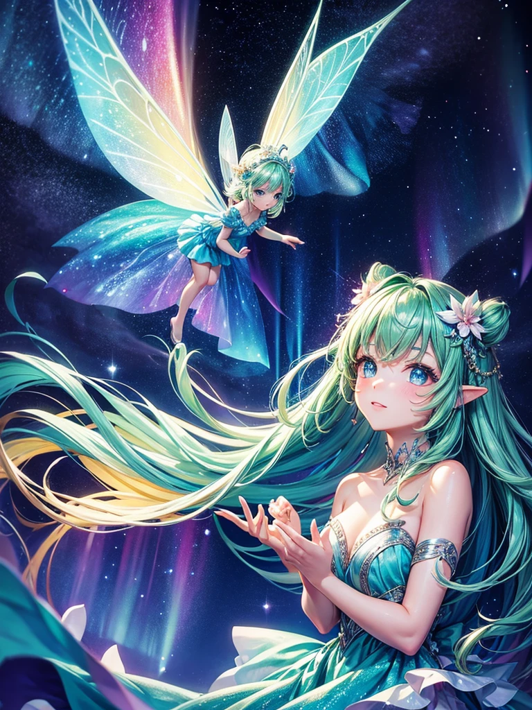 Highest quality,Highest Resolution,Glamorous fairy,cute,Aurora,Night Sky,