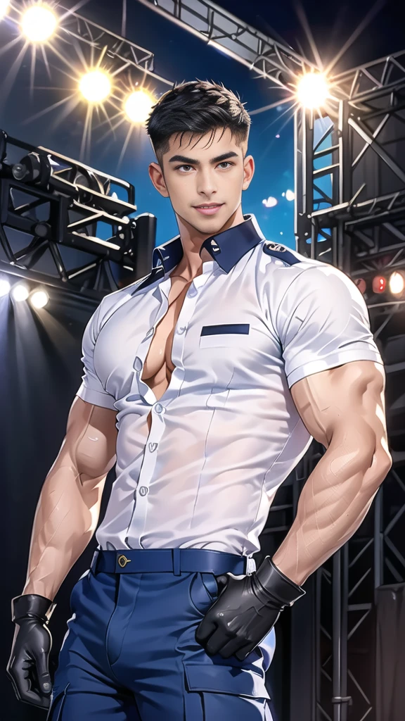 handsome man,(crew cut short hair:1.2),black eye,smile,open mouth (navy police uniform and t-shirt:1.2),(open shirt short sleeves:1.2),collar,(shirt covered over:1.2),(name tag and Police badge:1.2),(shirt no buttons:1.1),(black_gloves:1.3), (Navy blue cargo:1.2),Korean guy,korean men,(High gloss details),(chest muscles:1.2),(large arm muscles:1.2),blood vessel,Big muscles,Broad shoulders,looking at the audience,Balancing the eyes,middle of the road,(stage:1.4)
