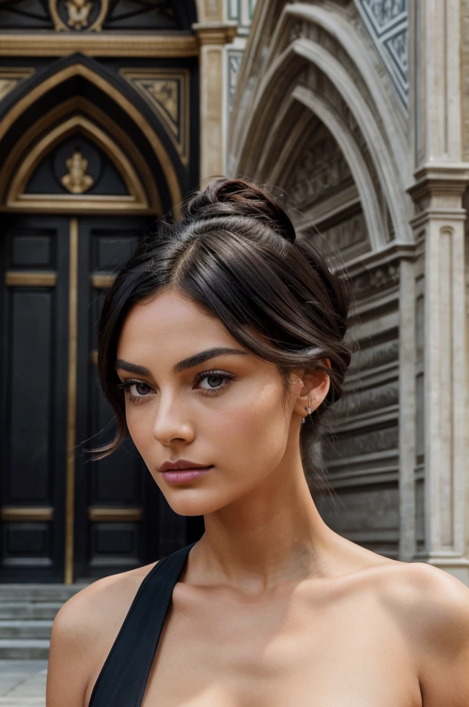 Florence Cathedral: A charming lady with light brown skin, dark eyes, and sleek black hair tied in a bun stands in front of the Florence Cathedral. She wears a stylish black dress, her face displaying a thoughtful expression with arched eyebrows and natural pink lips, aesthetic , minimalistic, hyper realistic, cinematic, super realistic, 8k quality, HD quality, super detailed , ultra detailed, minimalist