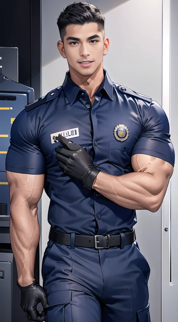handsome man,(crew cut short hair:1.2),black eye,smile,open mouth (navy police uniform:1.2),(shirt short sleeves:1.2),collar,(shirt covered over:1.2),(name tag and Police badge:1.3),(shirt no buttons:1.1),(black_gloves:1.3), (Navy blue cargo:1.2),Korean guy,korean men,(High gloss details),(chest muscles:1.2),(large arm muscles:1.2),blood vessel,Big muscles,Broad shoulders,looking at the audience,Balancing the eyes,middle of the road,(stage:1.2),