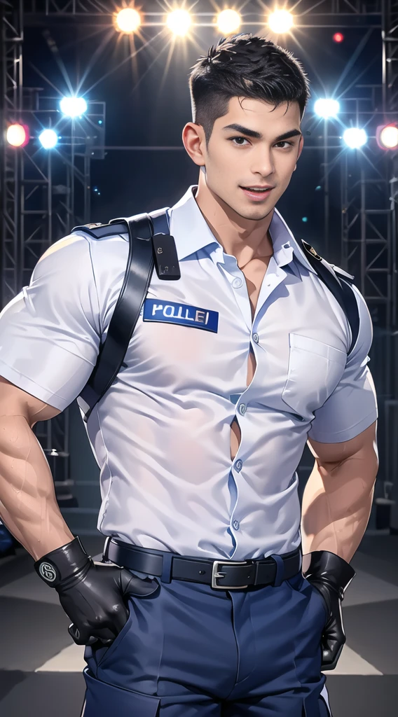 handsome man,(crew cut short hair:1.2),black eye,smile,open mouth (navy police uniform:1.2),(shirt short sleeves:1.2),collar,(shirt covered over:1.2),(name tag and Police badge:1.3),(shirt no buttons:1.1),(black_gloves:1.3), (Navy blue cargo:1.2),Korean guy,korean men,(High gloss details),(chest muscles:1.2),(large arm muscles:1.2),blood vessel,Big muscles,Broad shoulders,looking at the audience,Balancing the eyes,middle of the road,(stage:1.2),