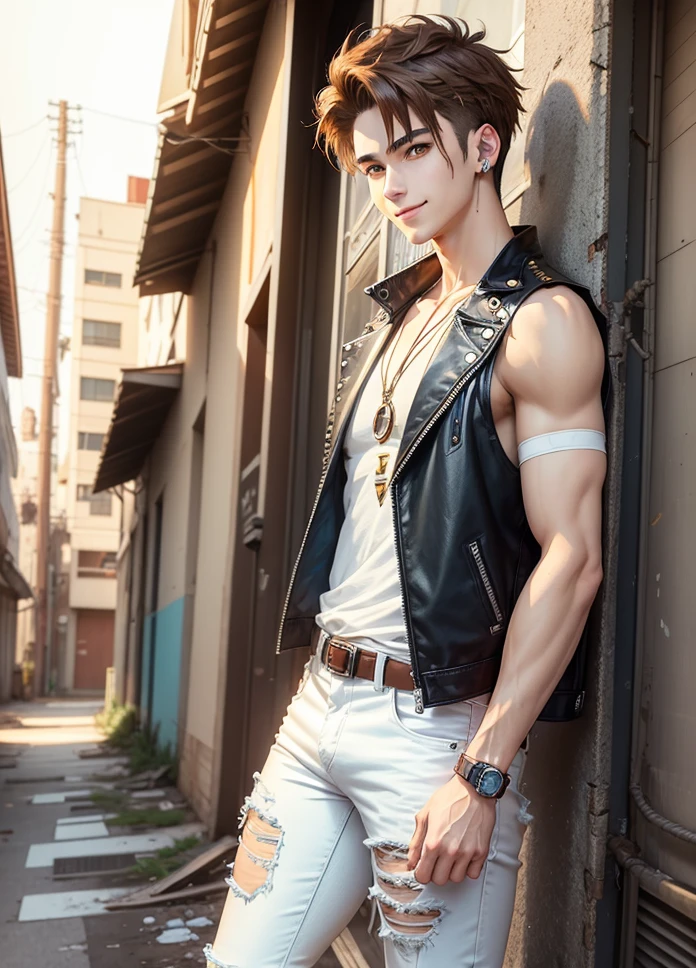 Anime guy, 21 years old, smiling expression, cyberpunk style Brown hair, shoulder length brown hair on right side, short brown hair smoothed back on left side, brown eyebrows, yellow eyes, white skin, metal stud earing, white shirt, biker blue jeans, standing in abandoned city