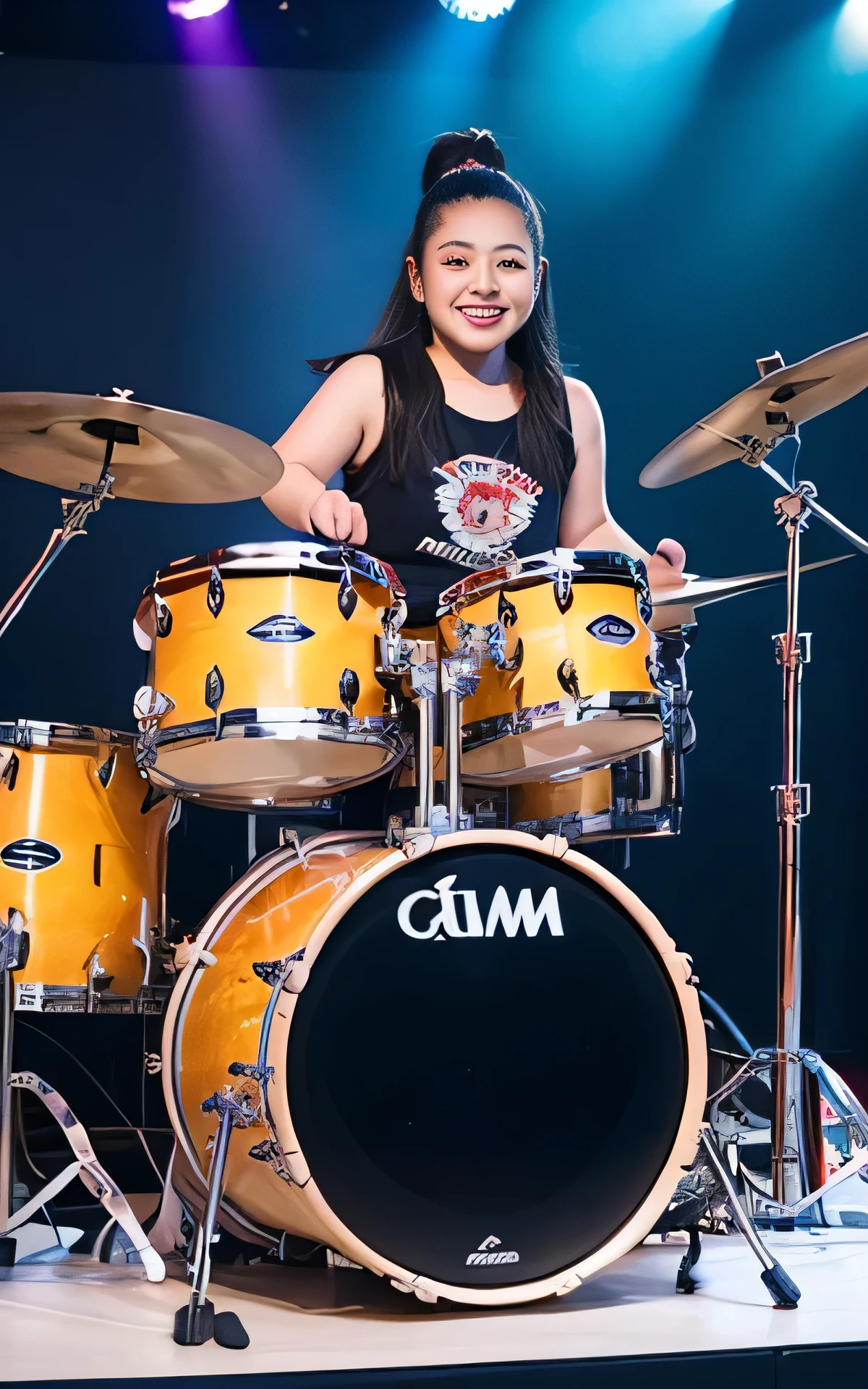 ((8K)), highest quality, 超High resolution, (Surreal)、(High resolution), 1 girl, idol, ((idol clothing)), ((smile)), Overweight, extremely fat, ((Chubby)), drums, on stage, playing the drums. The drum set includes a bass drum, snare drum, toms, floor toms, hi-hat, crash cymbals, ride cymbals, and a china cymbal.