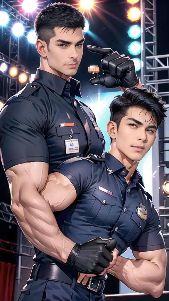 handsome man,(crew cut short hair:1.2),black eye,smile,open mouth
(navy police uniform:1.2),(shirt short sleeves:1.2),collar,(shirt covered over:1.2),(name tag and Police badge:1.2),(shirt no ons:1.1),(black_gloves:1.3),
(Navy blue cargo:1.2),Korean guy,korean men,(High gloss details),(chest muscles:1.2),(large arm muscles:1.2),blood vessel,Big muscles,Broad shoulders,looking at the audience,Balancing the eyes,middle of the road,(stage:1.4),