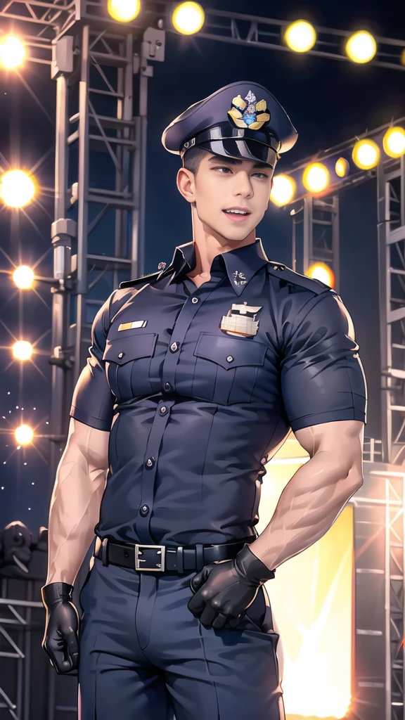 handsome man,(crew cut short hair:1.2),black eye,smile,open mouth
(navy police uniform:1.2),(shirt short sleeves:1.2),collar,(shirt covered over:1.2),(name tag and Police badge:1.2),(shirt no buttons:1.1),(black_gloves:1.3),
(Navy blue cargo:1.2),Korean guy,korean men,(High gloss details),(chest muscles:1.2),(large arm muscles:1.2),blood vessel,Big muscles,Broad shoulders,looking at the audience,Balancing the eyes,middle of the road,(stage:1.4),