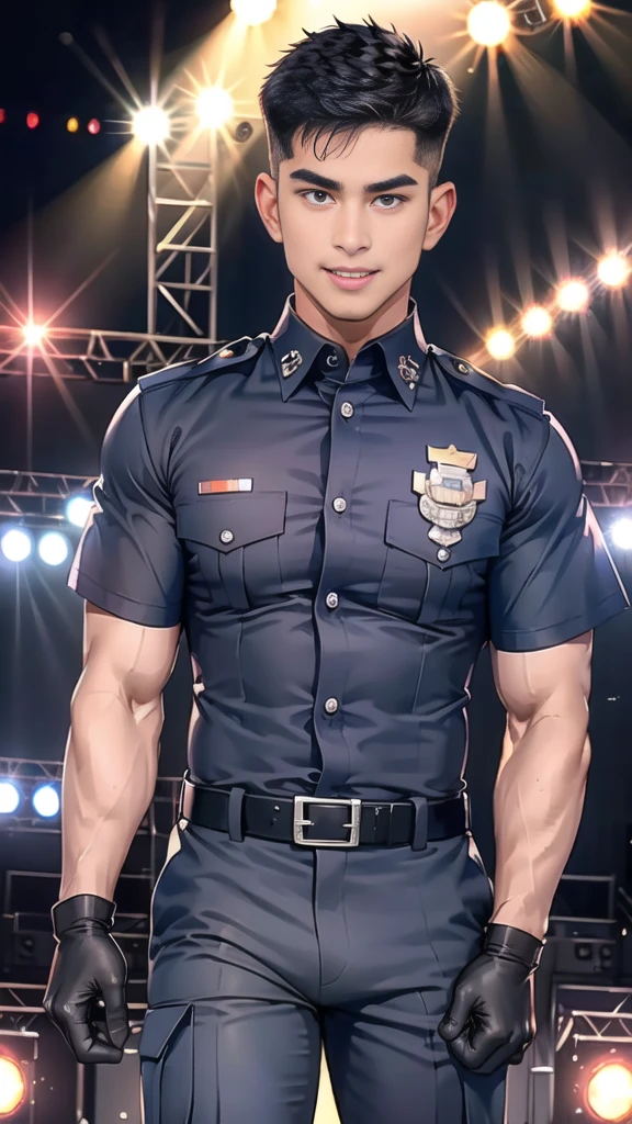 handsome man,(crew cut short hair:1.2),black eye,smile,open mouth
(navy police uniform:1.2),(shirt short sleeves:1.2),collar,(shirt covered over:1.2),(name tag and Police badge:1.2),(shirt no buttons:1.1),(black_gloves:1.3),
(Navy blue cargo:1.2),Korean guy,korean men,(High gloss details),(chest muscles:1.2),(large arm muscles:1.2),blood vessel,Big muscles,Broad shoulders,looking at the audience,Balancing the eyes,middle of the road,(stage:1.4),