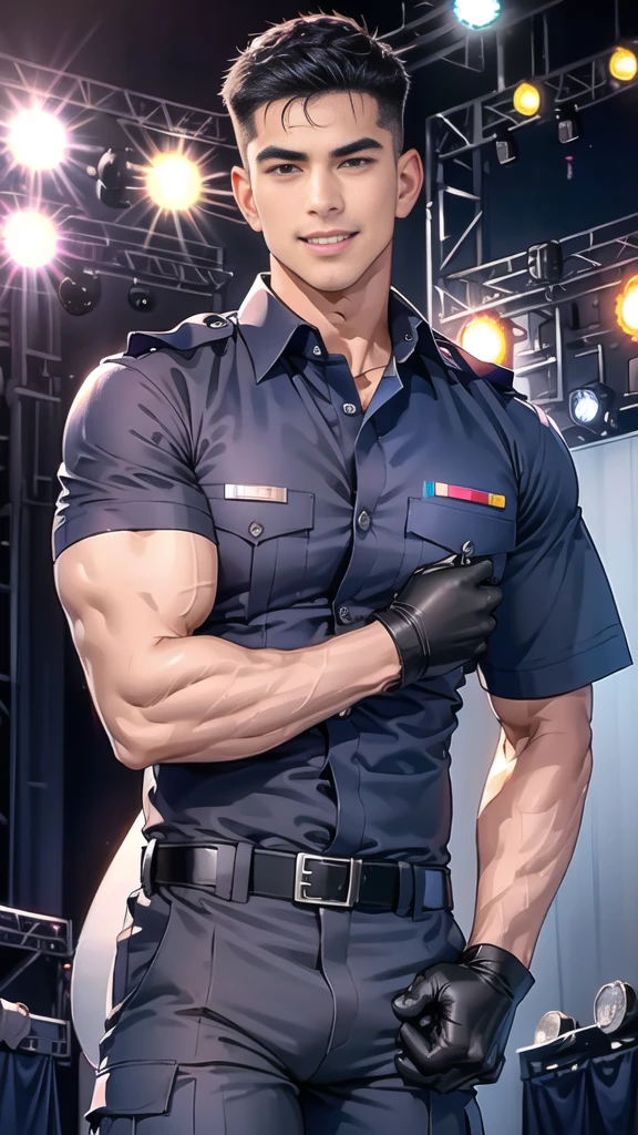 handsome man,(crew cut short hair:1.2),black eye,smile,open mouth
(navy police uniform:1.2),(shirt short sleeves:1.2),collar,(shirt covered over:1.2),(name tag and Police badge:1.2),(shirt no buttons:1.1),(black_gloves:1.3),
(Navy blue cargo:1.2),Korean guy,korean men,(High gloss details),(chest muscles:1.2),(large arm muscles:1.2),blood vessel,Big muscles,Broad shoulders,looking at the audience,Balancing the eyes,middle of the road,(stage:1.4),