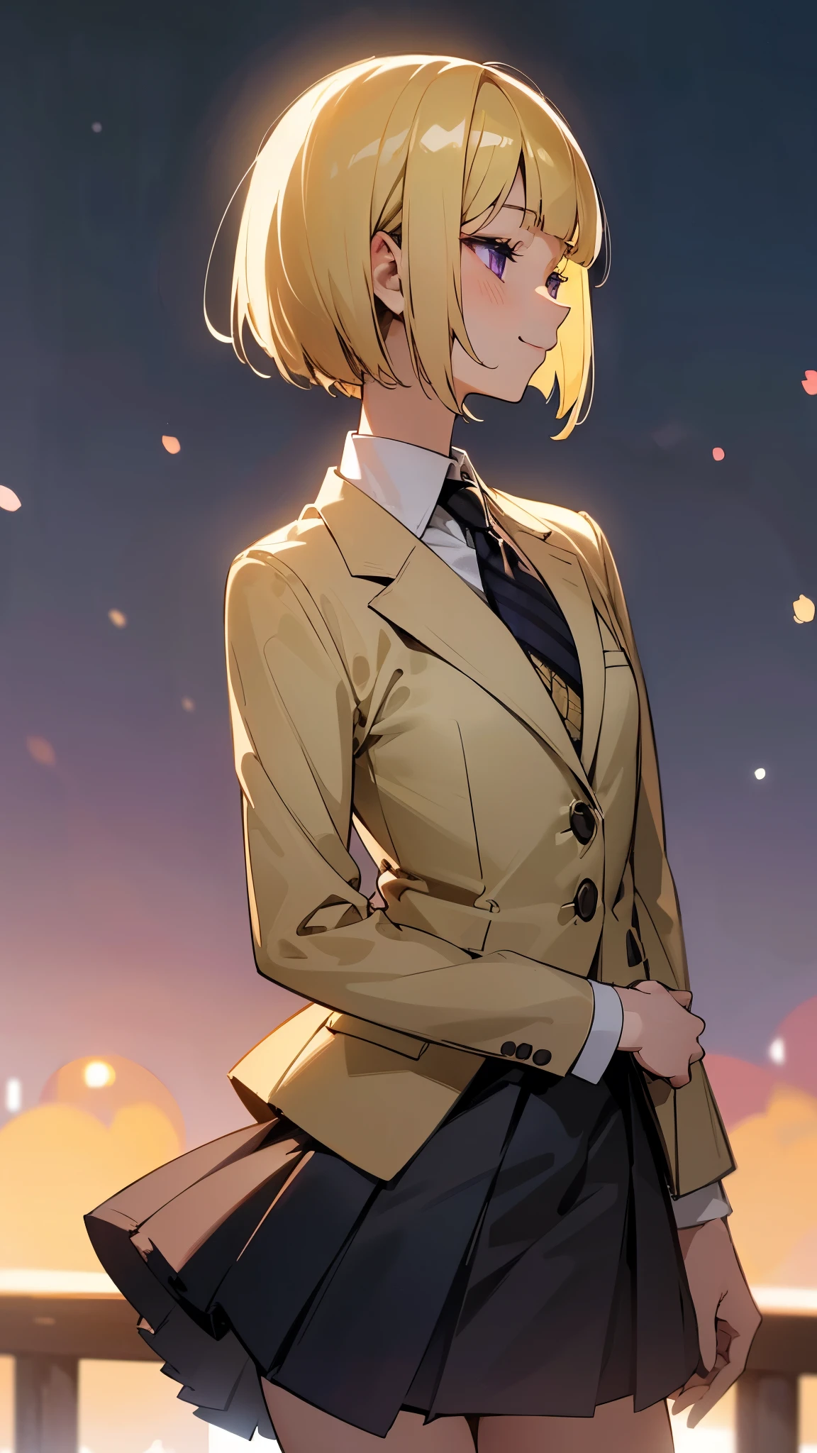 1 Girl、8K、Sharp focus、(Bokeh) (Highest quality) (Detailed skin:1.3) (Intricate details) (anime)、(blonde)、short hair、Bobcut、Blunt bangs、Beautiful purple eyes、Slender body、White shirt、Black mini skirt、Black Fitted Blazer、profile、Calm face、Mouth closed、Cheeky Smile、Squint your eyes、Park in the background、sunset、Soft lighting.