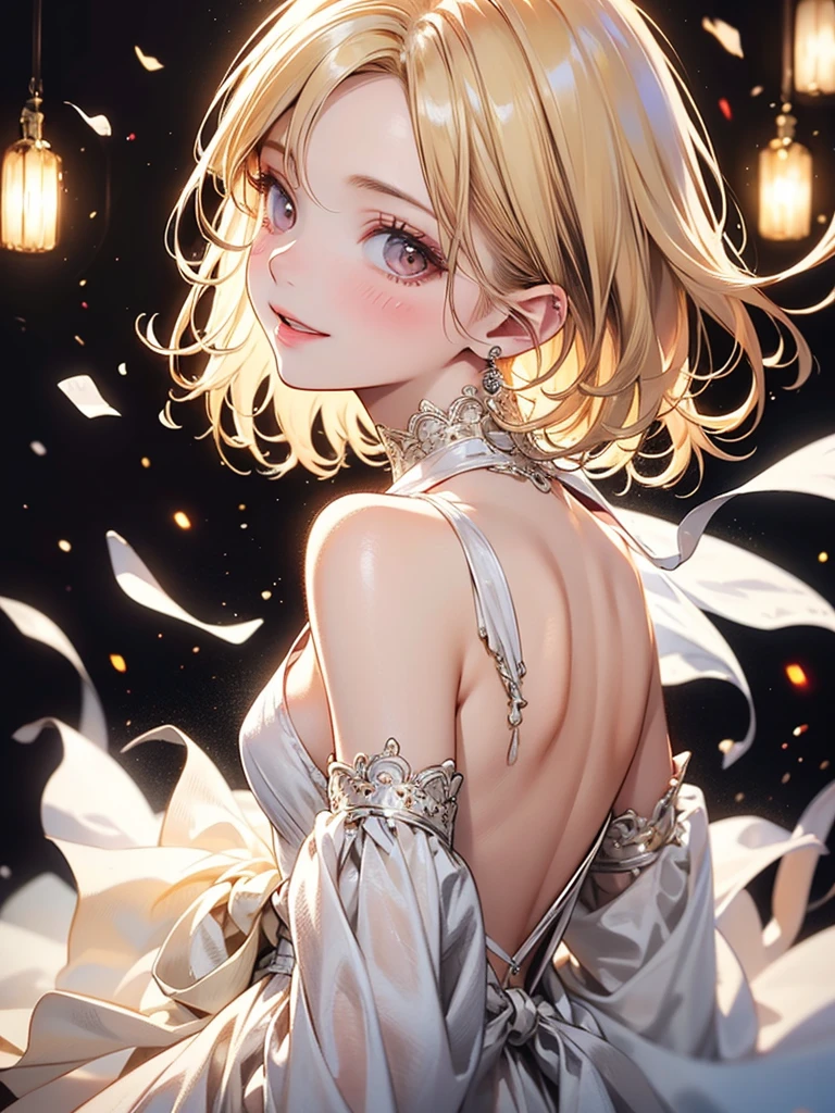 (masterpiece),((highest quality)),(Perfect Anatomy),(beautiful and luxurious:1.2),1 girl,facial expressions of happiness,small breasts,((blonde beauty)),Beautiful white dress,Transparency,short hair,soft colors,pastel tones,cinematic lighting,(Highly detailed 2D illustrations),((very delicate and beautiful)),Silky to the touch,cowboy shot,(From the side),(sideways glance),like a dream and happiness atmosphere