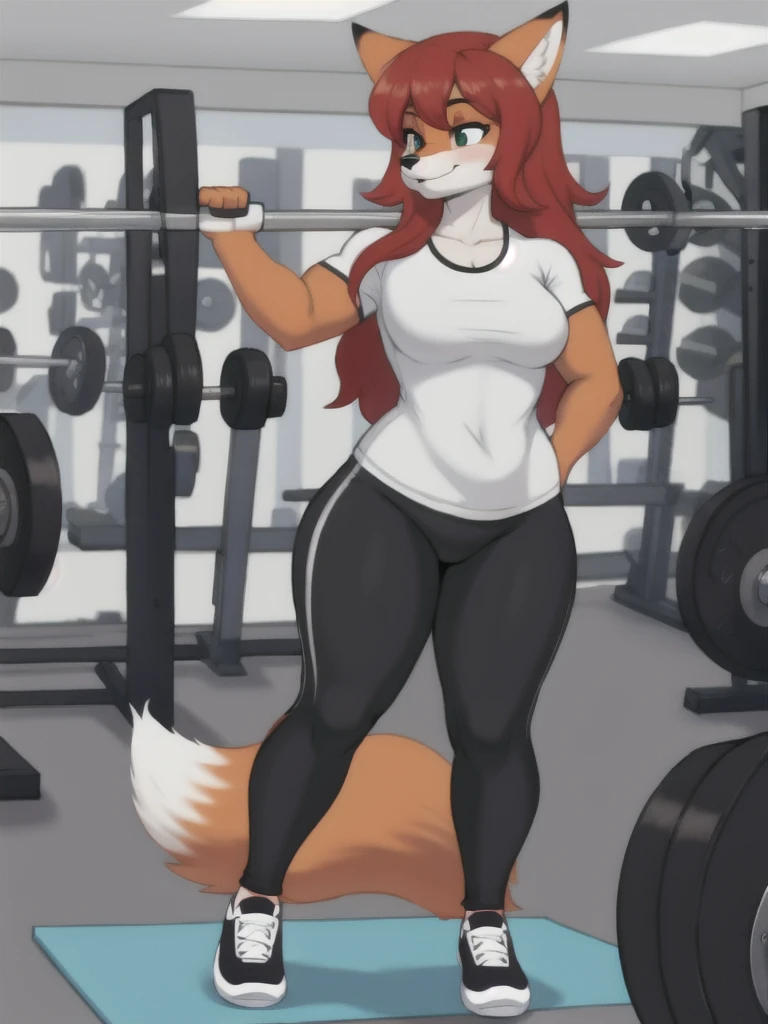 Furry, fox, female, white shirt, black leggings, shoes, gym, teen, full body