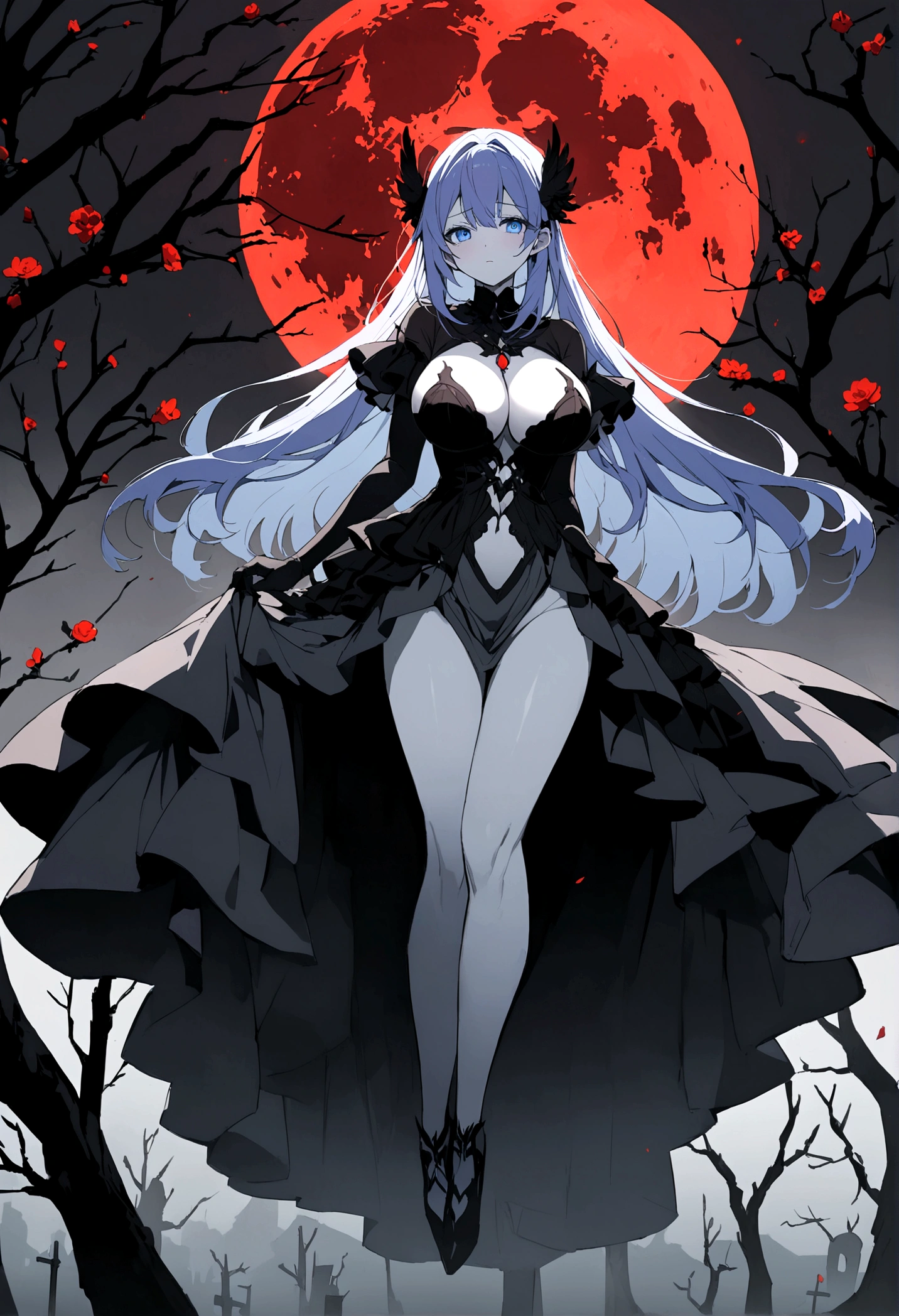A beautiful anime-style girl with long, purple-blue hair、Blue Eyes、Transparent hair、Face of Sadness、Sad beautiful girl、A beautiful girl with a well-balanced and glamorous body、Big Breasts、A beautiful immoral girl in a provocative black and grey dress、Pale skin、Full Body Shot、Crow、dead tree、fog、Red Moon、Mysterious Flower、graveyard of darkness。