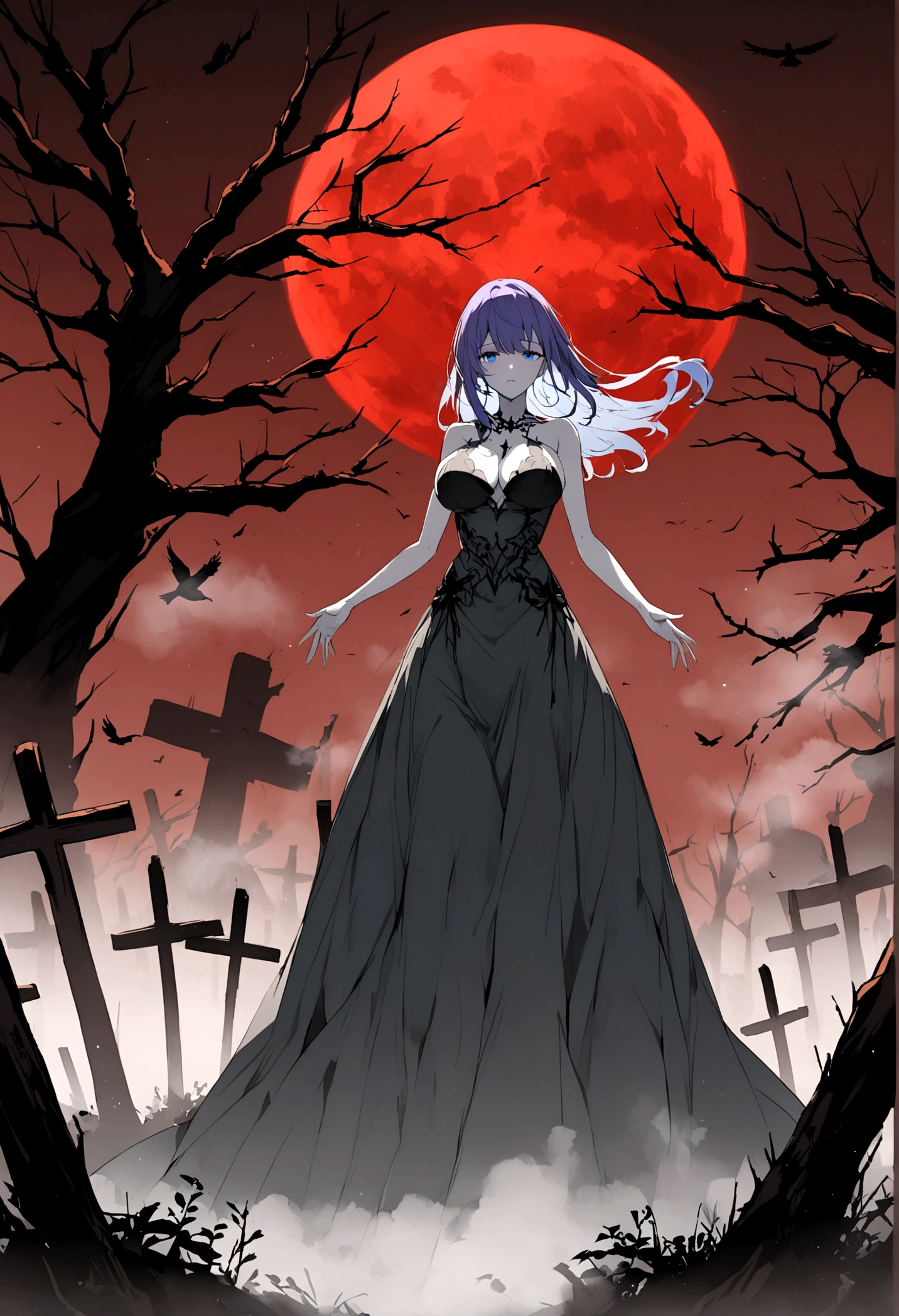 A beautiful anime-style girl with long, purple-blue hair、Blue Eyes、Transparent hair、Face of Sadness、Sad beautiful girl、A beautiful girl with a well-balanced and glamorous body、Big Breasts、A beautiful immoral girl in a provocative black and grey dress、Pale skin、Full Body Shot、Crow、dead tree、fog、Red Moon、Mysterious Flower、graveyard of darkness。