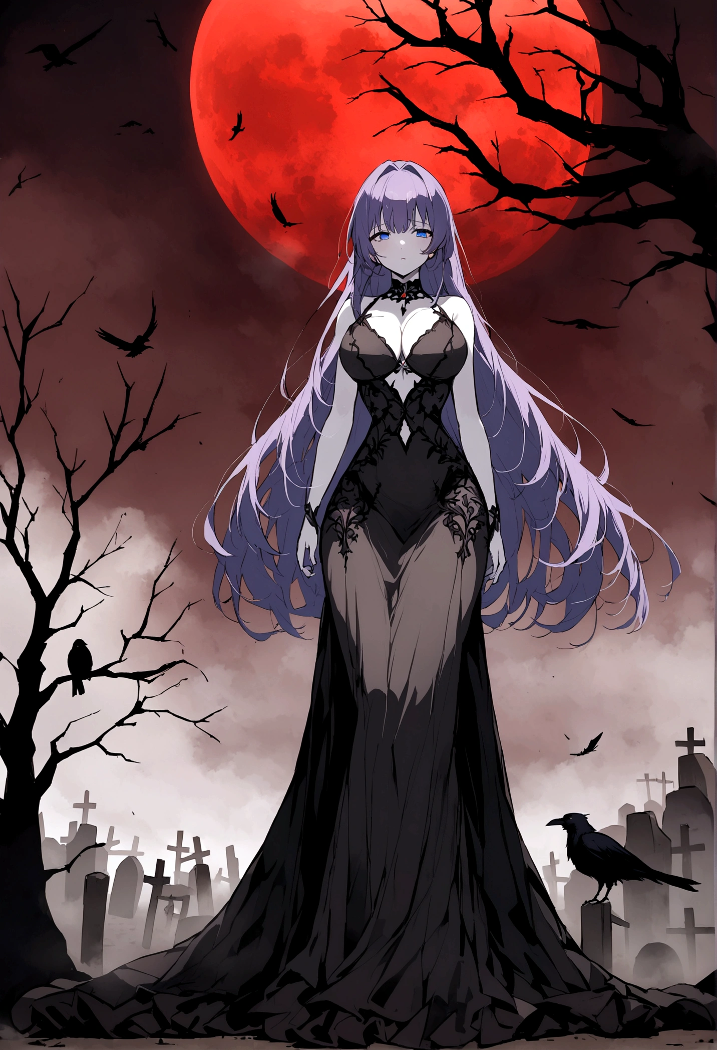 A beautiful anime-style girl with long, purple-blue hair、Blue Eyes、Transparent hair、Face of Sadness、Sad beautiful girl、A beautiful girl with a well-balanced and glamorous body、Big Breasts、A beautiful immoral girl in a provocative black and grey dress、Pale skin、Full Body Shot、Crow、dead tree、fog、Red Moon、Mysterious Flower、graveyard of darkness。