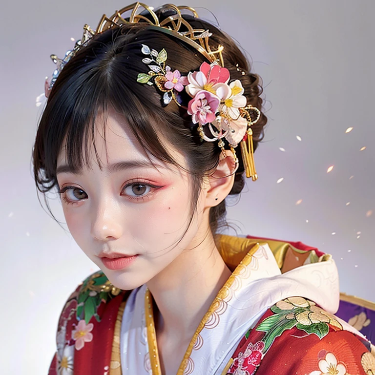 (PUNIPUNI clavicle KIMONO ((offshoulder)) KANZASHI FlowerHairpins Topknot TwinBun Oiran-Hair)High-level, 8K Masterpiece TopQuality, Ultra-detailed CG, Absurd detailed wallpaper, PerfectLighting, Extremely detailed (((Personifying " OIRAN " as a KAWAII Girl))), Characteristic Items, aesthetic LifeLike Rendering, MysticSight, Haze Tyndall Scattering, (Studio GRAY Background with (Oodles Dazzling Iridescent 🌈🏳️‍🌈 Particles (BokeH))), (((Assfocus)) RoundlyButt) ThighGap, (Exposed:0.44) 🔞 BREAK (Acutance:0.8), (NOGIZAKA FaceVariations) Extremely Detailed very KAWAII FaceVariations, Childish CaptivatingGaze ElaboratePupils ParfectEyes with (SparklingHighlights:1.28), (Voluminous LongEyelashes:0.88), 💄💋✨ GlossyRedLips with BeautifulDetails, CoquettishTongue, PUNIPUNI RosyCheeks, Radiant PearlSkin with Transparency, Glowing DowneyHair . { (Dynamic LifeLike expressions:1.4) | (:d) }, (large eyes:-1) .
