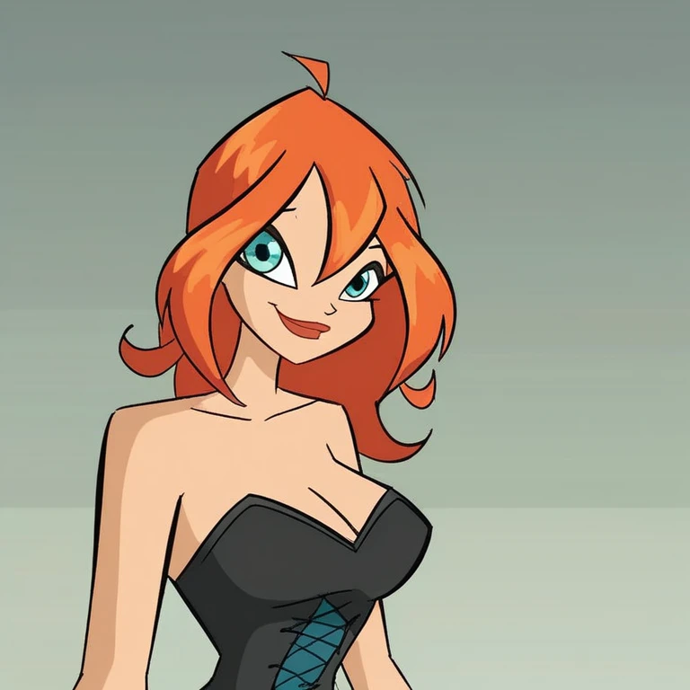 bl_oom, 1girl, ginger hair, blue eyes, looking at viewer, smiling, black makeup, black corset, strapless, big Breasts, naked shoulders, simple background, portrait, head to stomach shot, (extreme detail 2.0), score_9, score_8_up, score_7_up,