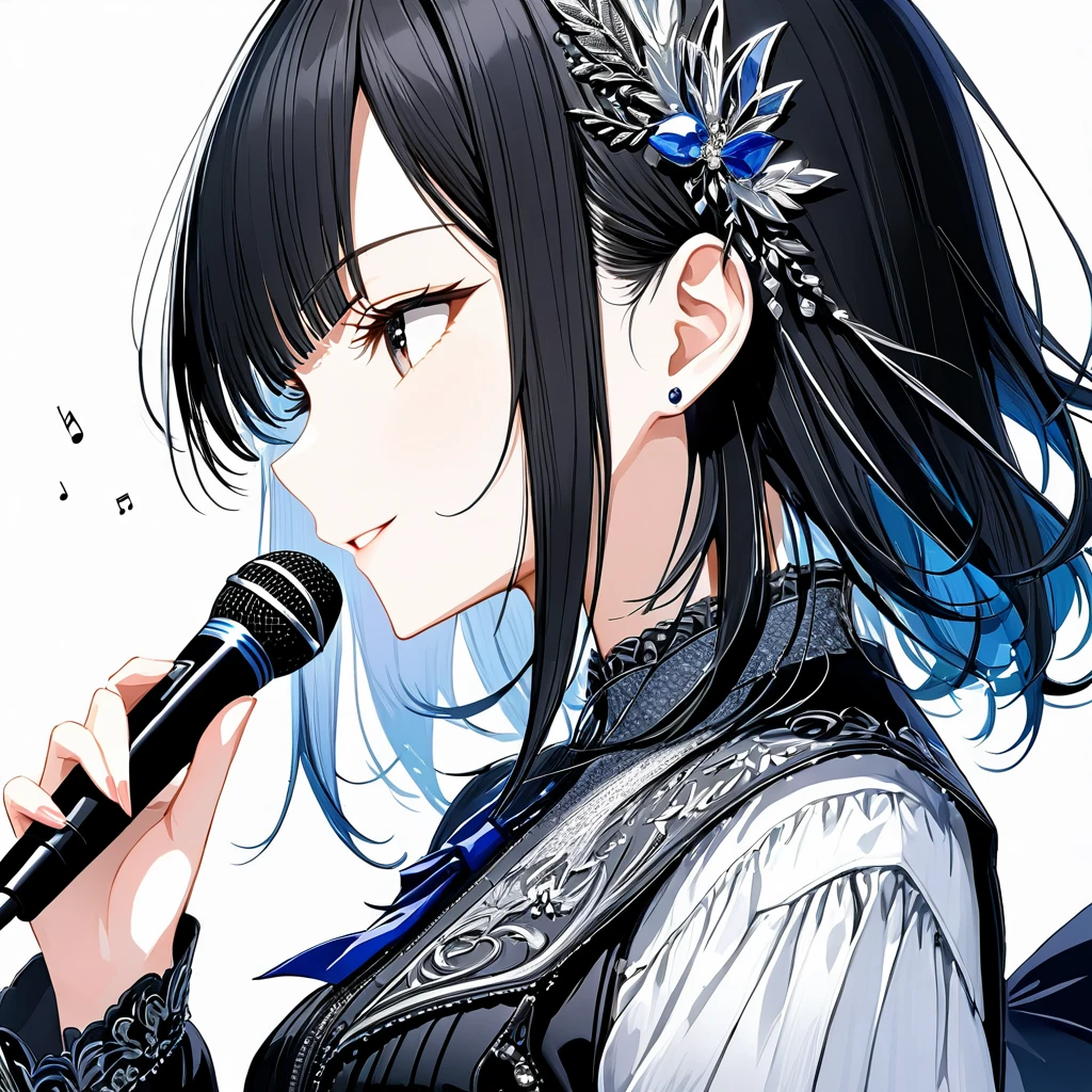 (((White background:1.2)))、Only one female, A Scandinavian gothic metal girl holding a microphone and singing facing sideways、(sing:1.2) (Dynamic pose:1.2), (Stylish clothing), Mature Woman, /(Black Hair/) bangs, A light smile, (Masterpiece of the highest quality:1.2) Delicate illustrations、Super detailed, (Grab the microphone)  (Music Stage) 、profile,