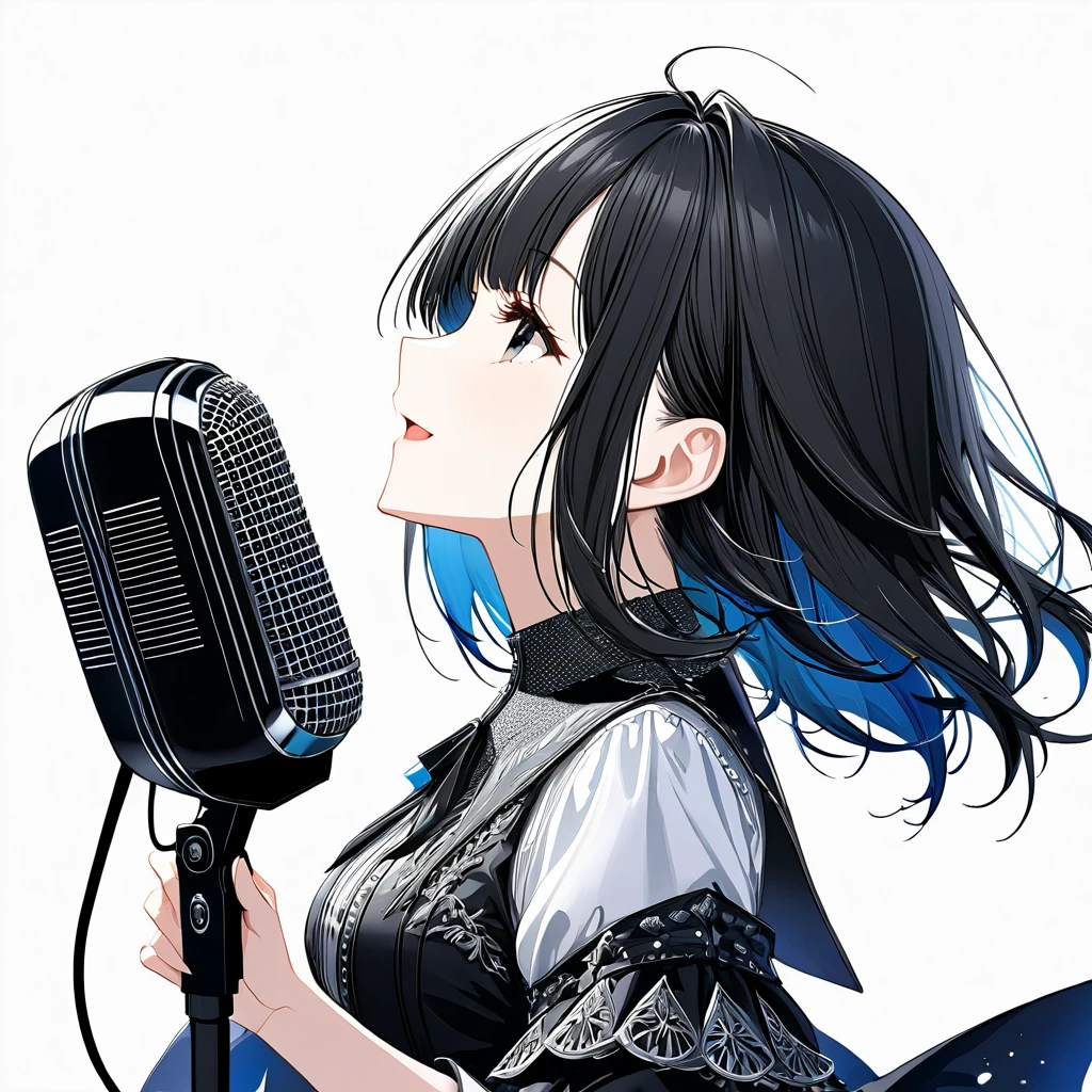 (((White background:1.2)))、Only one female, A Scandinavian gothic metal girl holding a microphone and singing facing sideways、(sing:1.2) (Dynamic pose:1.2), (Stylish clothing), Mature Woman, /(Black Hair/) bangs, A light smile, (Masterpiece of the highest quality:1.2) Delicate illustrations、Super detailed, (Grab the microphone) (Music Stage) 、profile,