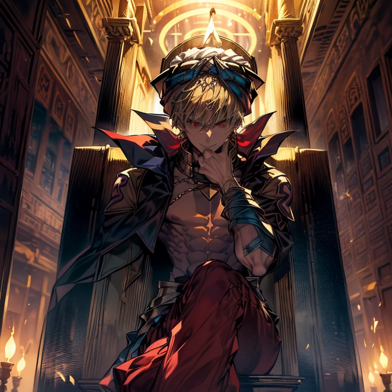 8K, Mouthpiece, ((One beautiful man)),((Fate Stay Night Drawing)), Gilgamesh Male Solo, Emperor, whole body, An exquisitely decorated throne, A palace made of cut stone, A room lit by flickering torches, A man violently climbs onto a throne and sits down, A face laughing out loud like a joke, ((One beautiful man)), ((Red eyes)), Long Hair, blonde, Wrap a turban around your head, (background: Countless swords displayed on the wall, All facing the same direction, Different types of swords, 1 female attendant, Woman in beautiful arabic costume, Stand beside the throne),