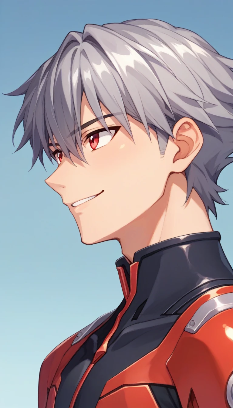 Kaworu Nagisa、Plug Suit、Male Focus、1 teenager、Red eyes、solo、smile、Bodysuits、Gray Hair、Interface Headset、Staring at the audience、pilot suit、profile、Score 9、Score 8+、、Upper Body