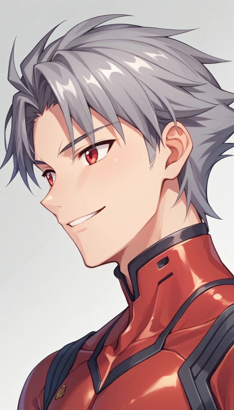 Kaworu Nagisa、Plug Suit、Male Focus、1 ager、Red eyes、solo、smile、Bodysuits、Gray Hair、Interface Headset、Staring at the audience、pilot suit、profile、Score 9、Score 8+、、Upper Body