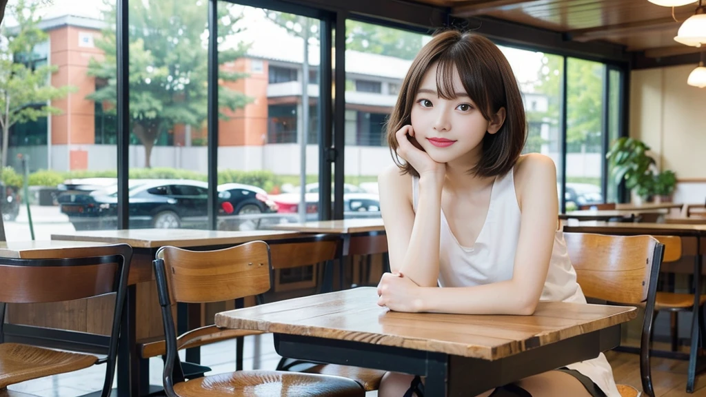 2girl, smile,(bobcut:1.2),bangs,beautiful girl,15 years old,(loli:1.2),(small brests:1.2),(skinny:1.2),highschool student,akb48,nogizaka46, (masutepiece, Best Quality:1.2), 8K, Pretty Face, Urban Cafe、cafes、Sitting in a chair,Cake and coffee on the table、Fringe hair, hime haircut, Brown hair,