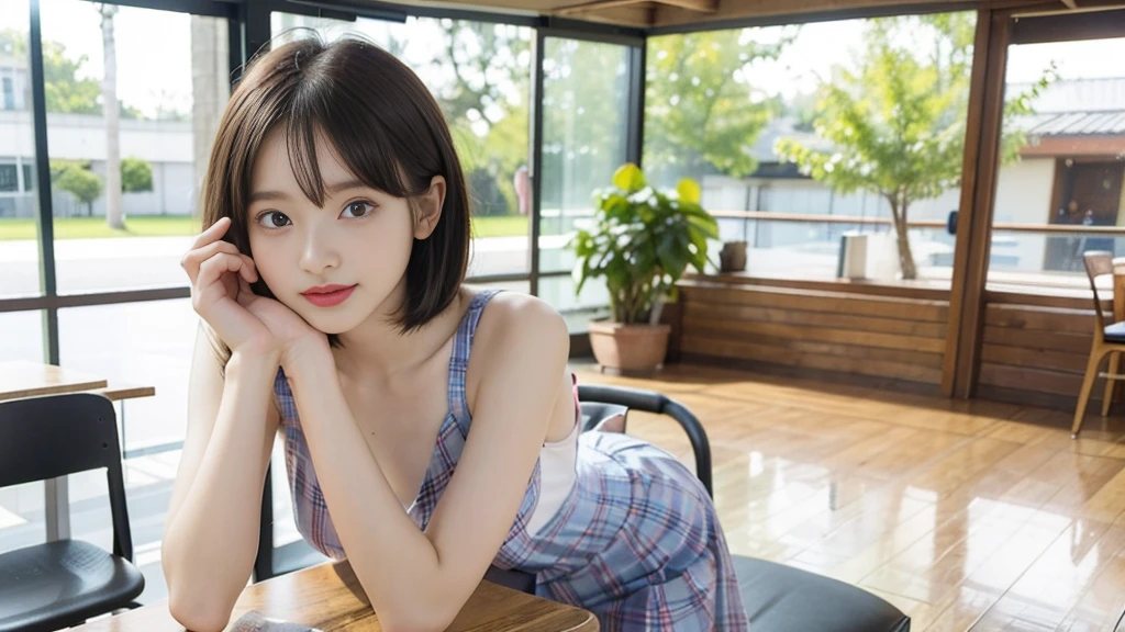 2girl, smile,(bobcut:1.2),bangs,beautiful girl,,(loli:1.2),(s brests:1.2),(skinny:1.2),highschool student,akb48,nogizaka46, (masutepiece, Best Quality:1.2), 8K, Pretty Face, Urban Cafe、cafes、Sitting in a chair,Cake and coffee on the table、Fringe hair, hime haircut, Brown hair,