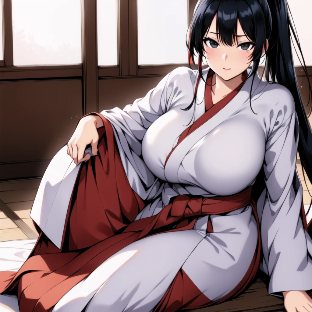 (day:1.7), in a room with a window,
sitting on the floor,
red_Hakama with white_kimono, exposed breast
Black eyes, Black hair,bangs, Long_hair, High ponytail,
1 girl, 20yo,mature female,Beautiful Finger,Beautiful long legs,Beautiful body,Beautiful Nose,Beautiful character design, perfect eyes, perfect face,
looking at viewer, in the center of the image,focus on face,
NSFW,official art,extremely detailed CG unity 8k wallpaper, perfect lighting,Colorful, Bright_Front_face_Lighting,
(masterpiece:1.0),(best_quality:1.0), ultra high res,4K,ultra-detailed,
photography, 8K, HDR, highres, absurdres:1.2, Kodak portra 400, film grain, blurry background, bokeh:1.2, lens flare, (vibrant_color:1.2)
(Beautiful,Large_Breasts:1.2), (beautiful_face:1.5),(narrow_waist),