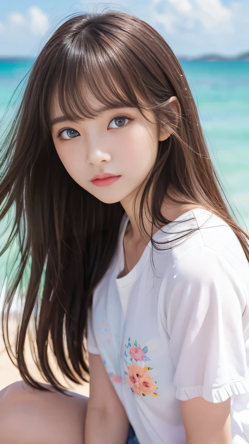 Sunburn marks on tanned skin、blush、Multicolored hair color、Bangs on the face、Bangs between the eyes、Super long hair、Beautiful bright transparent light blue big eyes that are charming and shining、Cute looks and a cute -yeld、A ong wind blows my hair in front of my face、Beautiful big sparkling eyes, Cute eyes hidden by long bangs、Yawn、No visible nasolabial folds、A short, light-colored miniskirt、A cute and colorful summer shirt、Korean Beauty、Dark blush on the cheeks