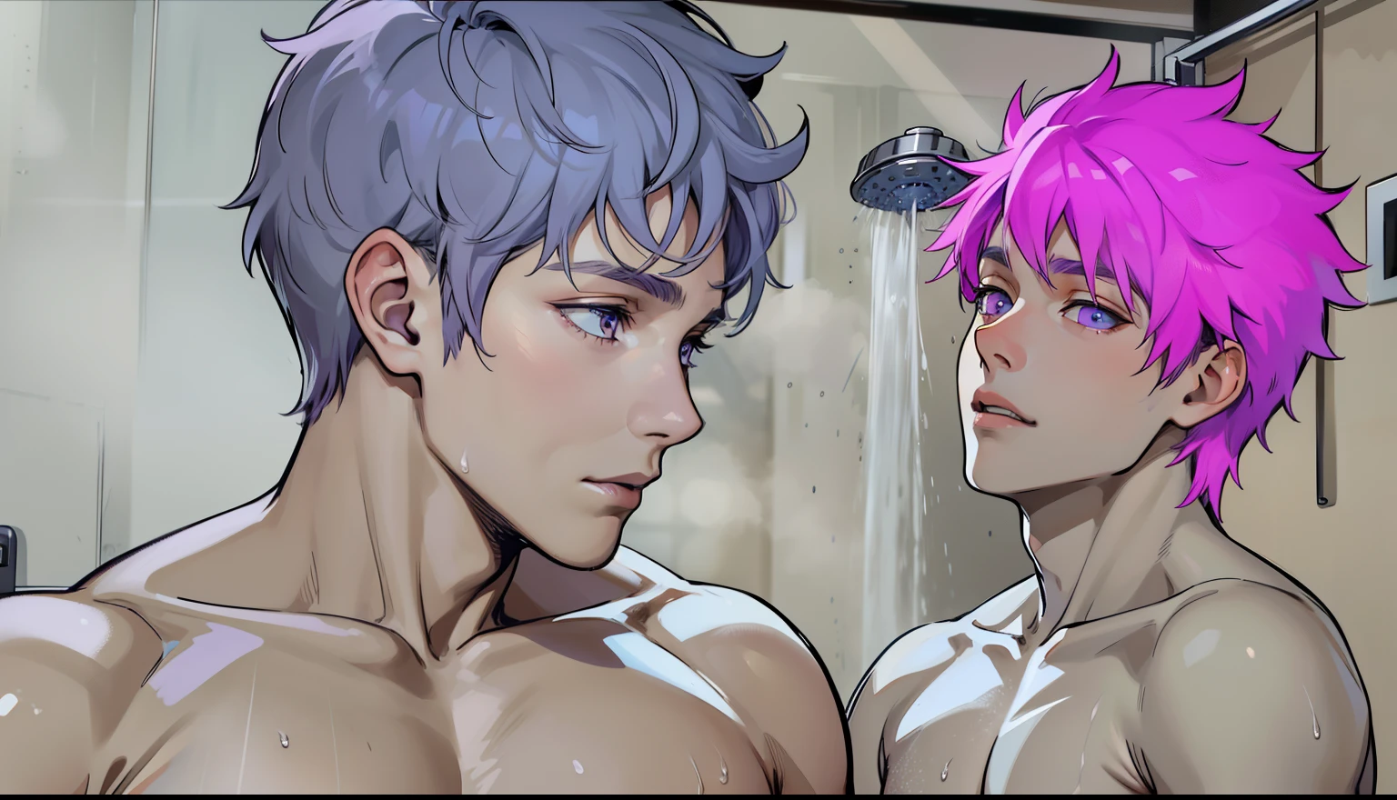 two young 16-year-old men, one cute young man with gray hair and purple hair, purple eyes, and the other with blue eyes, are in the shower without a shirt, looking at each other with desire and sensuality.