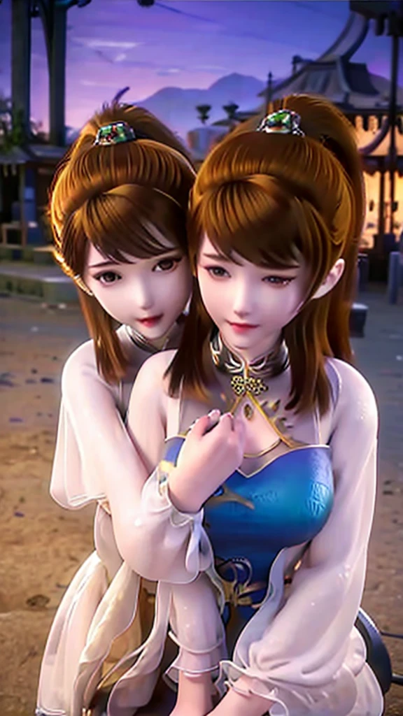 5 year old kindergarten girl (succubus, so happy) is hugging her older sister against a nighttime backdrop