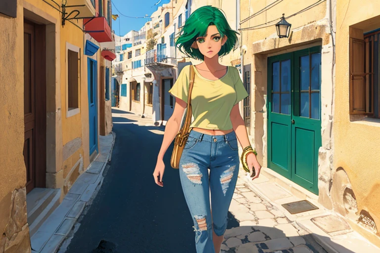 High resolution,high quality,(Perfect body),The streets of Oia,Nice view,A place with a nice view,Walking Girl,Short Hair,Green Hair,Golden Eyes,Light blue T-shirt,Denim pants,サンダル