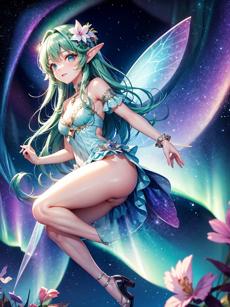 Highest quality,Highest Resolution,Glamorous fairy,cute,Aurora,Night Sky,