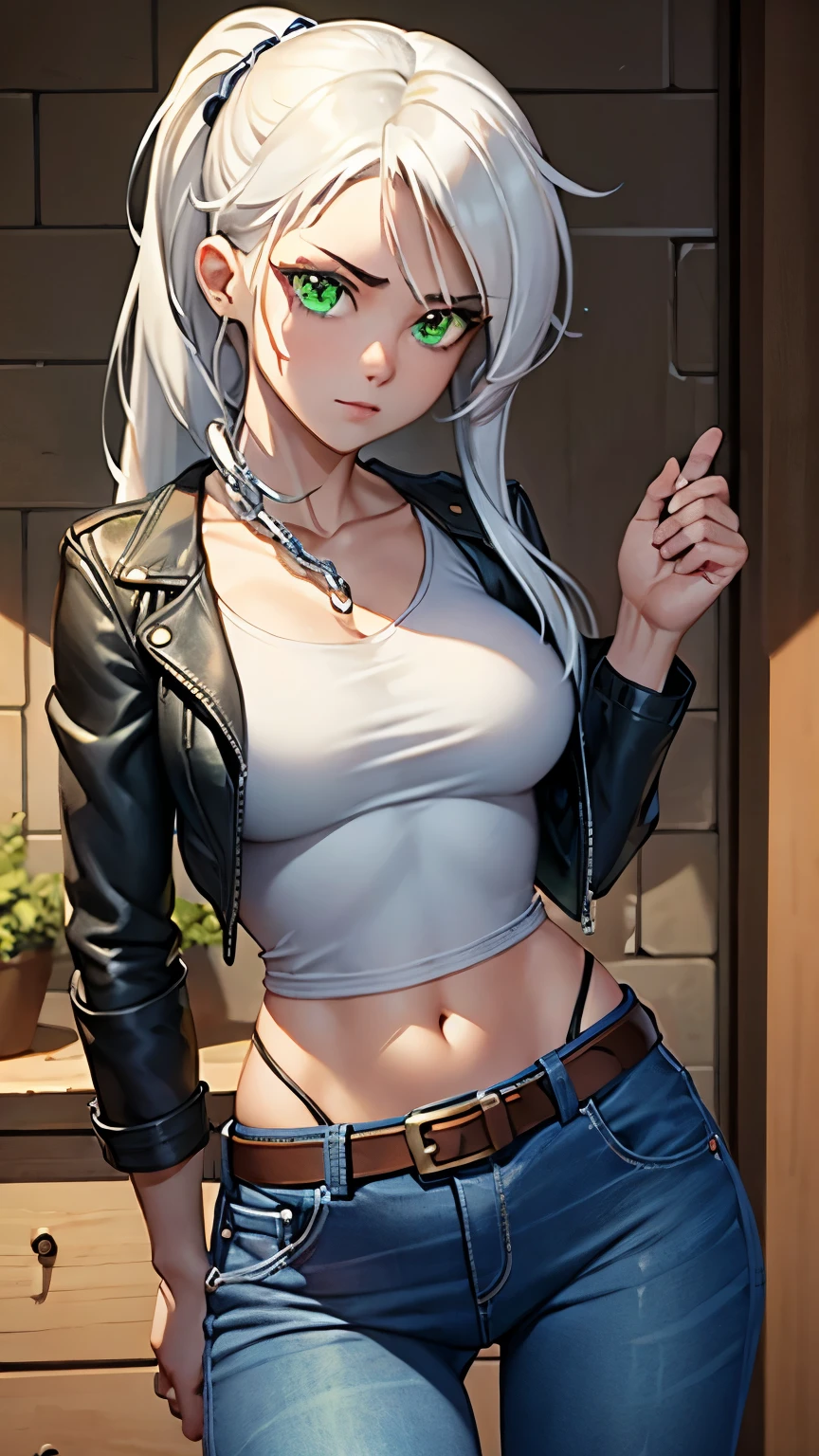 (masterpiece), best quality, green eyes, perfect face, highres, 1girl, solo, (female:1.5), cute, white hair, long hair, white fingerless gloves, black t shirt, leather jacket, jeans, indoors, , dancing around chains whip, holding chains whip, cowboy shot, looking at the viewer, fullbody shot, long boots, ninja style, attack pose
