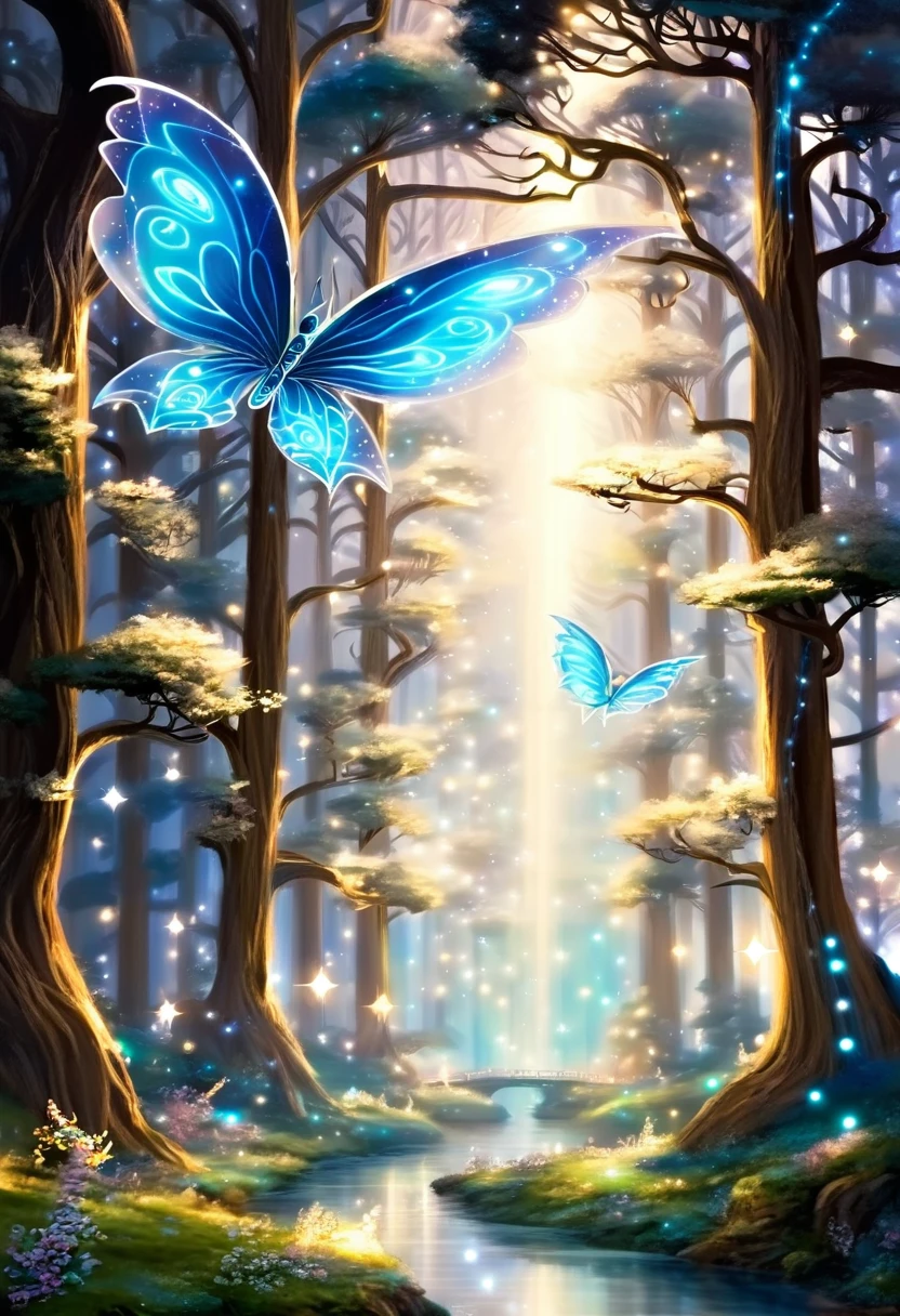 detailed fantastic image, the starry sky spreads over the landscape like a black velvet blanket dotted with twinkling stars that form unknown constellations. Moon, of enormous size, emits a silvery glow that bathes the enchanted forest in a magical, ethereal light. The trees, of twisted shapes and iridescent colors that change with each movement, They seem to take on a life of their own as their branches intertwine in a harmonious dance..
Luminous vines winding along tree trunks emit flashes of multicolored light that illuminate the ground covered in moss and glowing ferns.. Little fairies with transparent and shiny wings dance in the air, leaving trails of stardust in their wake. Snow-white unicorns gracefully trot through the trees, His mane fluttering in the wind and his horns glowing with a magical light..
In a forest clearing, A majestic dragon with shining scales and imposing wings stands in all its magnificence, exhaling blue fire that illuminates the night with flashes of light. The atmosphere is permeated with a sense of calm and wonder, as if time had stopped in this corner of fantasy and wonder. Every detail of the image invites the viewer to immerse themselves in a world of dreams and magic., where the impossible becomes real.