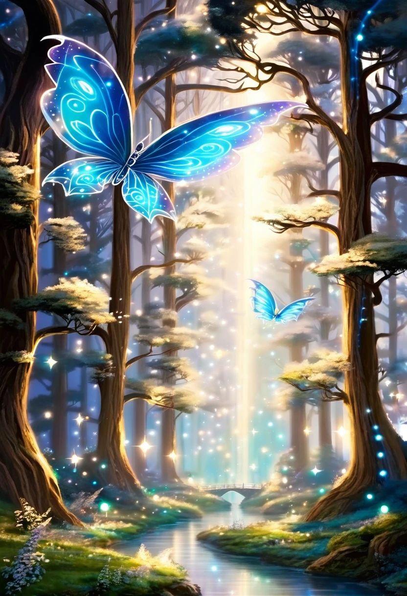 detailed fantastic image, the starry sky spreads over the landscape like a black velvet blanket dotted with twinkling stars that form unknown constellations. Moon, of enormous size, emits a silvery glow that bathes the enchanted forest in a magical, ethereal light. The trees, of twisted shapes and iridescent colors that change with each movement, They seem to take on a life of their own as their branches intertwine in a harmonious dance..
Luminous vines winding along tree trunks emit flashes of multicolored light that illuminate the ground covered in moss and glowing ferns.. Little fairies with transparent and shiny wings dance in the air, leaving trails of stardust in their wake. Snow-white unicorns gracefully trot through the trees, His mane fluttering in the wind and his horns glowing with a magical light..
In a forest clearing, A majestic dragon with shining scales and imposing wings stands in all its magnificence, exhaling blue fire that illuminates the night with flashes of light. The atmosphere is permeated with a sense of calm and wonder, as if time had stopped in this corner of fantasy and wonder. Every detail of the image invites the viewer to immerse themselves in a world of dreams and magic., where the impossible becomes real.