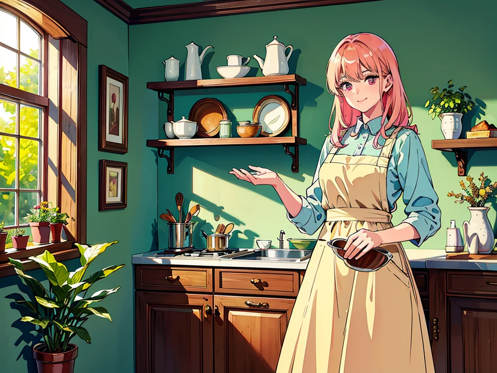 (best quality,4K,8K,highres,masterpiece:1.2),ultra-detailed,a woman standing in the kitchen with mint apron, detailed pink eyes, blonde hair, extremely detailed face, long eyelashes, homely atmosphere, modern utensils,glass jar filled with colorful spices,freshly baked bread,dinning table set with elegant porcelain plates,hanging copper pots and pans,various cooking ingredients,aromatic herbs and spices,subtle smell of vanilla and cinnamon in the air,neatly arranged jars filled with colorful ingredients,wall covered in vintage tiles,soft natural light pouring through the window,green plants on the windowsill,sunlit,inviting atmosphere,lush green garden seen through the window,peaceful vibe,nostalgic ambiance。smile