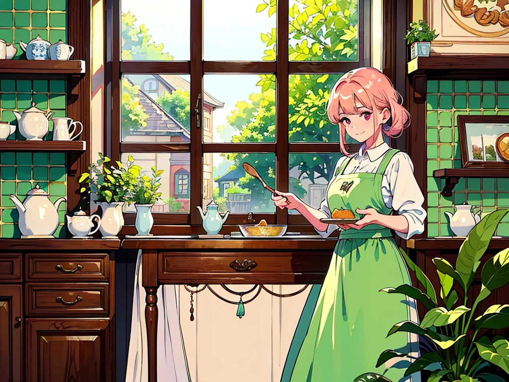 (best quality,4K,8K,highres,masterpiece:1.2),ultra-detailed,a woman standing in the kitchen with mint apron, detailed pink eyes, blonde hair, extremely detailed face, long eyelashes, homely atmosphere, modern utensils,glass jar filled with colorful spices,freshly baked bread,dinning table set with elegant porcelain plates,hanging copper pots and pans,various cooking ingredients,aromatic herbs and spices,subtle smell of vanilla and cinnamon in the air,neatly arranged jars filled with colorful ingredients,wall covered in vintage tiles,soft natural light pouring through the window,green plants on the windowsill,sunlit,inviting atmosphere,lush green garden seen through the window,peaceful vibe,nostalgic ambiance。smile