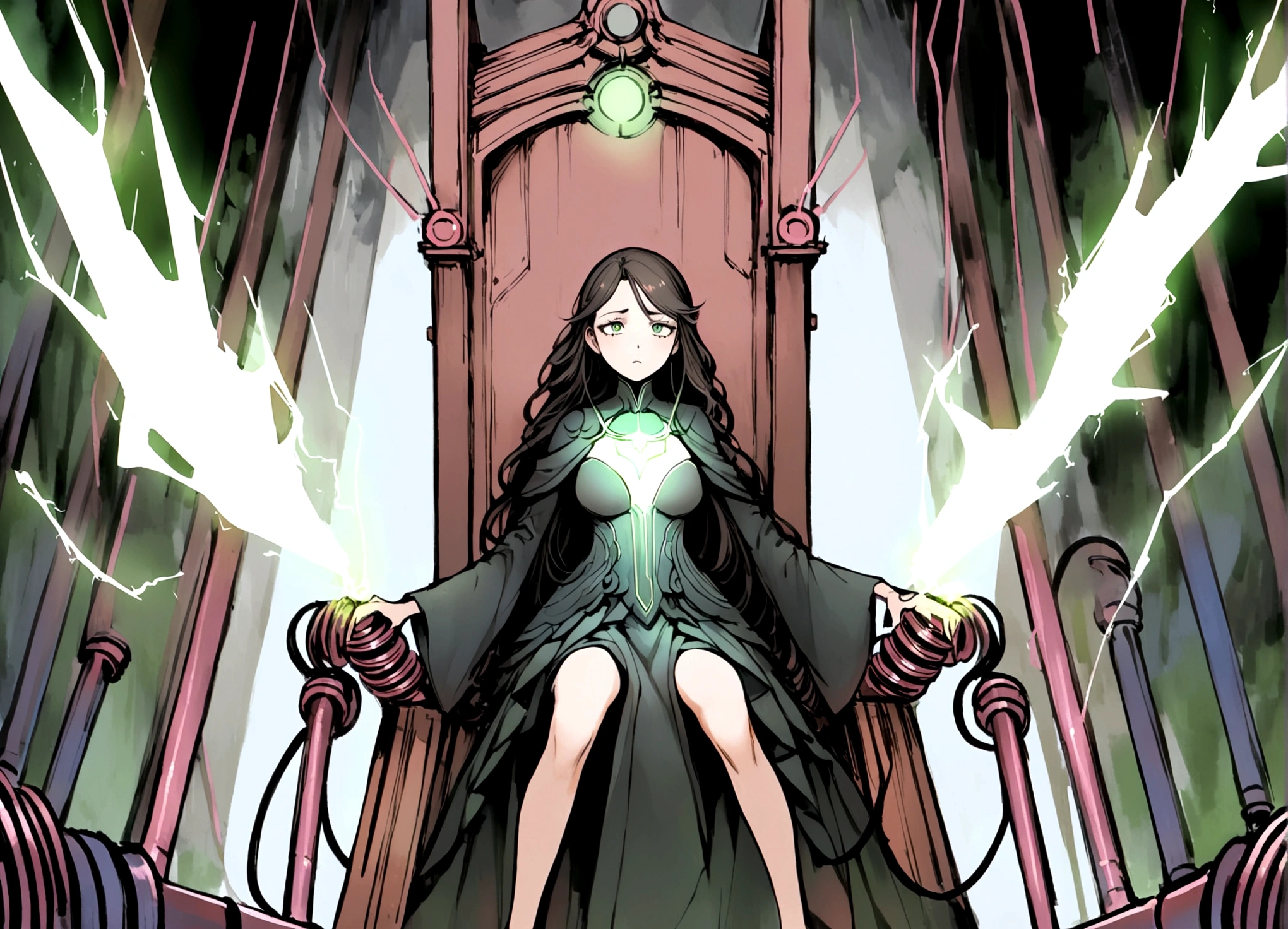 Tesla, 1900, has designed a throne of power (It has a Tesla coil on either side, electricity dances through the lab and across the coils), a lovely woman in an intricate dress sits on the throne and looks worried (her hair is electrified and standing straight out)