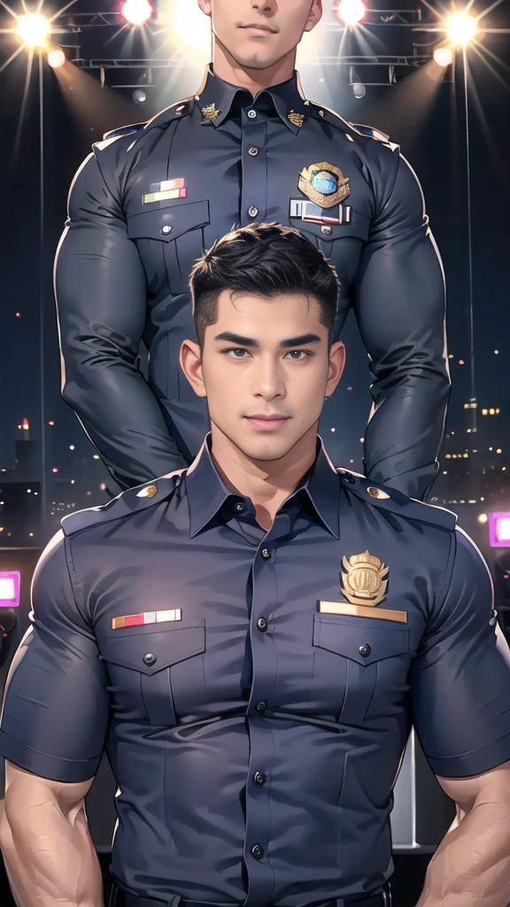 handsome man,(crew cut short hair:1.2),black eye,smile,open mouth
(navy police uniform:1.2),(shirt short sleeves:1.2),collar,(shirt covered over:1.2),(name tag and Police badge:1.2),(shirt no buttons:1.1),(black_gloves:1.3),
(Navy blue cargo:1.2),Korean guy,korean men,(High gloss details),(chest muscles:1.2),(large arm muscles:1.2),blood vessel,Big muscles,Broad shoulders,looking at the audience,Balancing the eyes,middle of the road,(stage:1.4),