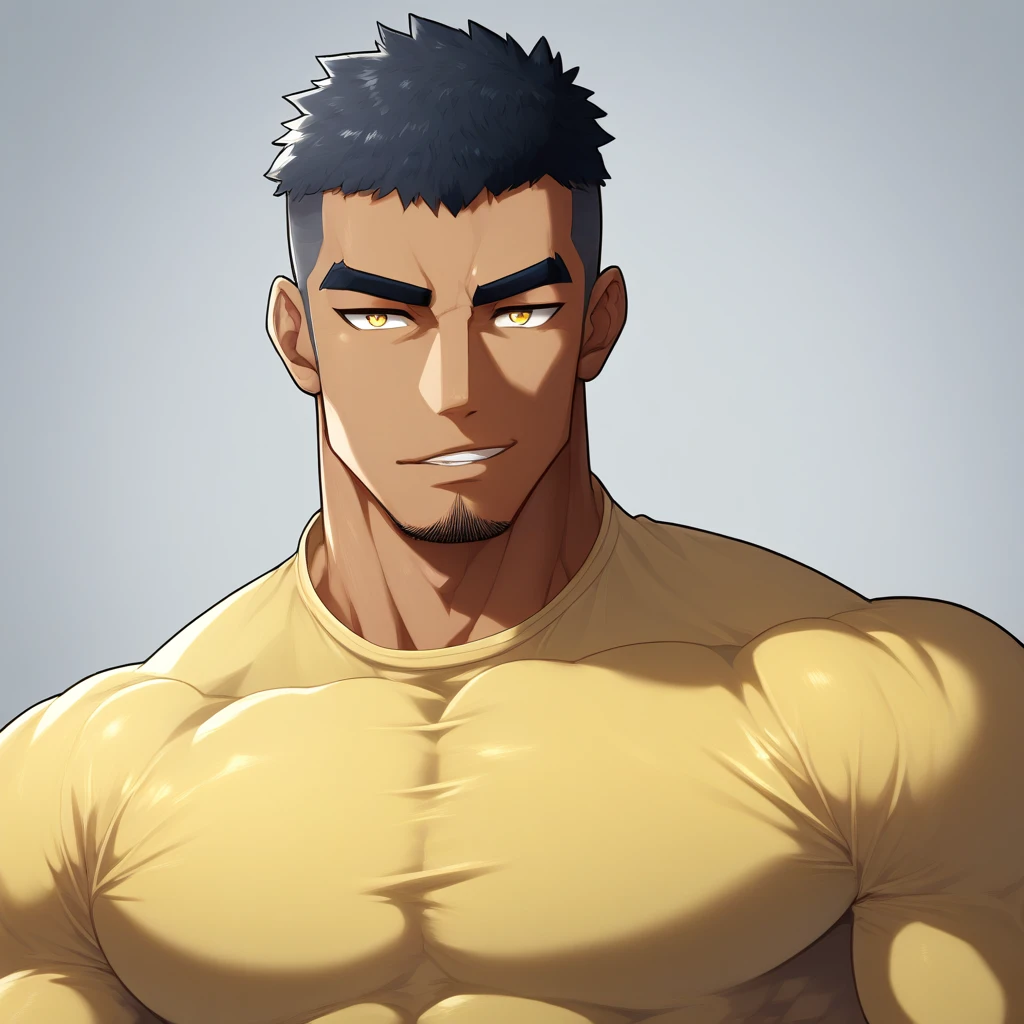 anime characters:Gyee, Muscle Sports Student, negro black skin, 1 dark skin muscular tough guy, Manliness, male focus, Light yellow high collar long sleeve tight T-shirt, Slightly transparent material, Very tight, Round, full and perky chest muscles, Slightly transparent, muscular male, muscular, only, Upper body, alone, Black short hair, Thick eyebrows, stubble, Yellow eyes, Grey background, simple background, amazing quality, best aesthetics, Ridiculous, bright pupils, crew cut, parted lips, seductive smile, torogao, naughty face, drop shadow, best quality