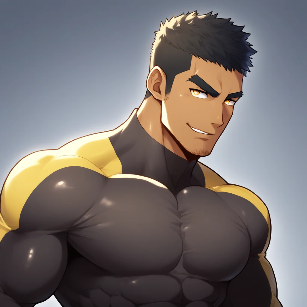 anime characters:Gyee, Muscle Sports Student, negro black skin, 1 dark skin muscular tough guy, Manliness, male focus, Light yellow high collar long sleeve tight T-shirt, Slightly transparent material, Very tight, Round, full and perky chest muscles, Slightly transparent, muscular male, muscular, only, Upper body, alone, Black short hair, Thick eyebrows, stubble, Yellow eyes, Grey background, simple background, amazing quality, best aesthetics, Ridiculous, bright pupils, crew cut, parted lips, seductive smile, torogao, naughty face, drop shadow, best quality