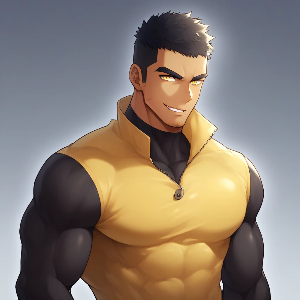 anime characters:Gyee, Muscle Sports Student, negro black skin, 1 dark skin muscular tough guy, Manliness, male focus, Light yellow high collar long sleeve tight T-shirt, Slightly transparent material, Very tight, Round, full and perky chest muscles, Slightly transparent, muscular male, muscular, only, Upper body, alone, Black short hair, Thick eyebrows, stubble, Yellow eyes, Grey background, simple background, amazing quality, best aesthetics, Ridiculous, bright pupils, crew cut, parted lips, seductive smile, torogao, naughty face, drop shadow, best quality