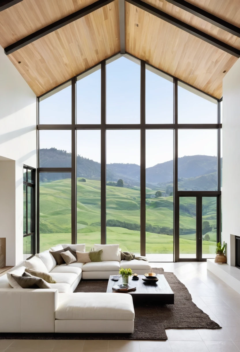 A spacious and modern living room designed with a minimalist aesthetic. The focal point is a large, white sectional sofa, inviting relaxation and conversation. The room is bathed in soft, natural light streaming through large windows, offering a breathtaking view of rolling green hills. The open floor plan and high ceilings create a sense of grandeur and spaciousness, while the use of natural materials such as wood and stone adds warmth and texture.