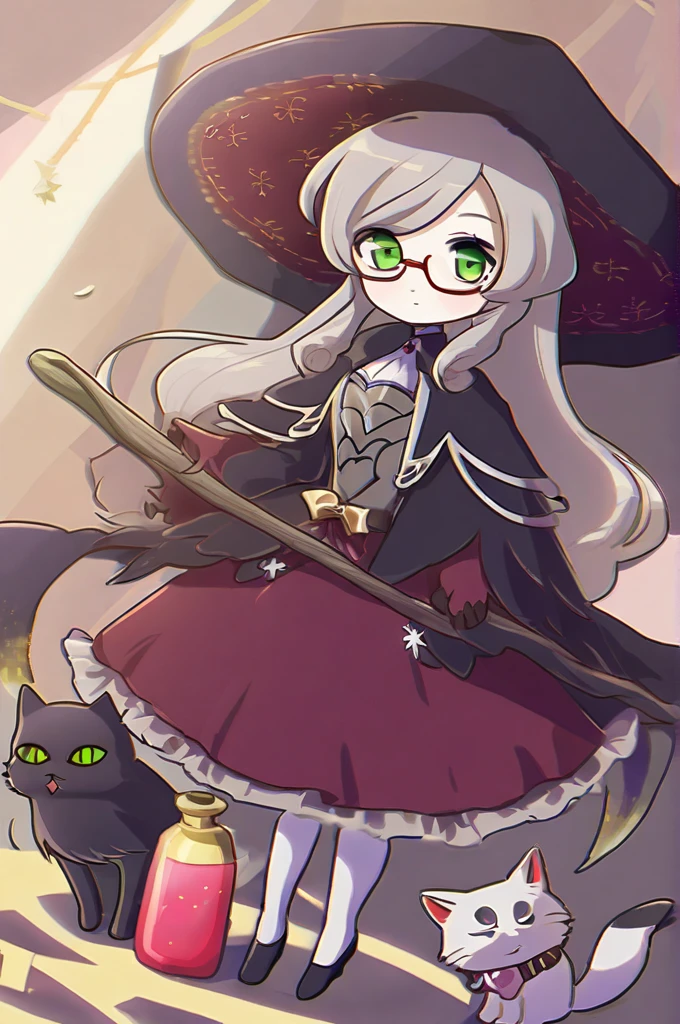 ((Лучшее качество)), ((шедевр)), (подробный), A witch with glasses with red, curly and long hair stands near a large stake. A love potion is brewed in the cauldron. around the witch are her pets: two Pomeranians and a gray fold-eared cat.  The witch is dressed in a depraved dress. The witch has long red nails and green eyes.  the drawing should be in anime style.