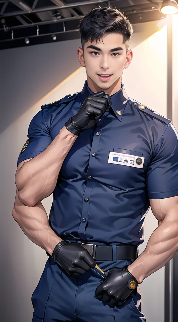 handsome man,(crew cut short hair:1.2),black eye,smile,open mouth (navy police uniform:1.2),(shirt short sleeves:1.2),collar,(shirt covered over:1.2),(name tag and Police badge:1.3),(shirt no buttons:1.1),(black_gloves:1.3), (Navy blue cargo:1.2),Korean guy,korean men,(High gloss details),(chest muscles:1.2),(large arm muscles:1.2),blood vessel,Big muscles,Broad shoulders,looking at the audience,Balancing the eyes,middle of the road,(stage:1.2),