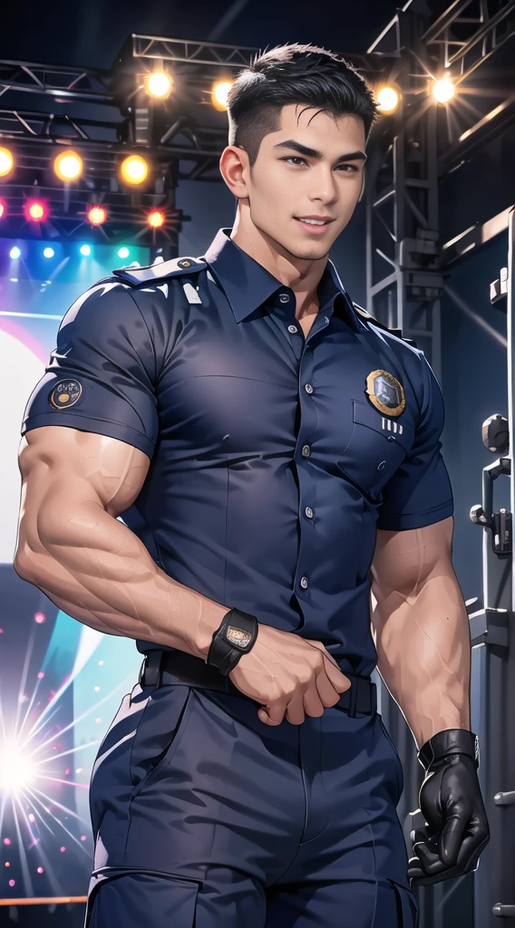 handsome man,(crew cut short hair:1.2),black eye,smile,open mouth (navy police uniform:1.2),(shirt short sleeves:1.2),collar,(shirt covered over:1.2),(name tag and Police badge:1.3),(shirt no buttons:1.1),(black_gloves:1.3), (Navy blue cargo:1.2),Korean guy,korean men,(High gloss details),(chest muscles:1.2),(large arm muscles:1.2),blood vessel,Big muscles,Broad shoulders,looking at the audience,Balancing the eyes,middle of the road,(stage:1.2),