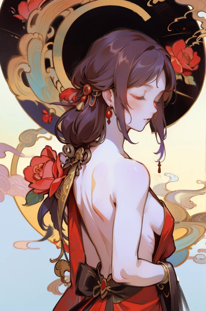 There is a woman's back in ancient China, back of the head, (only), (bare back tattoo), beautiful closed eyes, detailed face, like a dream, red and gold flowers, Ukiyo style, artwork Guwitz style. , Guviz, Alphonse Mucha and Rose Drews, a beautiful artistic illustration, author: Li Song, author: heroes, author: Zou Zhe, by Zeng Jing, by Ye Xin, author: Shitao, author: Zhou Fang, art nouveau Korean anime, Geisha 