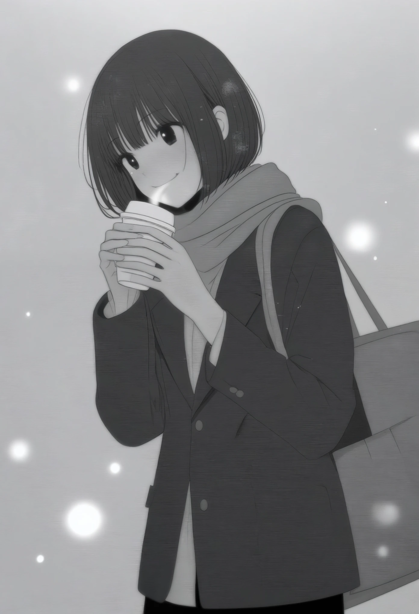 masterpiece, best quality, 1girl, mamerakkkkko, grayscale, manga style, japanese, chi no wadachi, black eyes, street, iced, black hair, schoolbag, smile, lineart, black coat, black scarf, black pleated skirt, leggins, centered, 18 years old, tall, fair skinned, bokeh background,, bob cut, light particles, centered, snowing, (((drinking coffee, perfect hand, detailed hand:1.1)), emotional anime scene