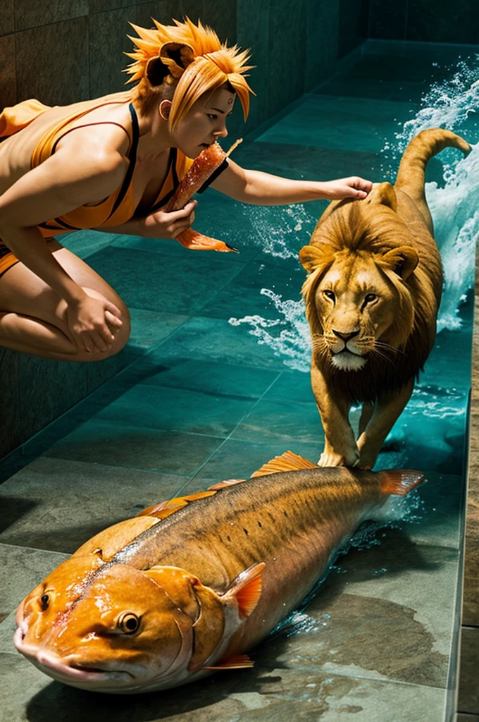 Naruto was eating salmon in a bathroom with an underwater fire and a large lion rolling around.
