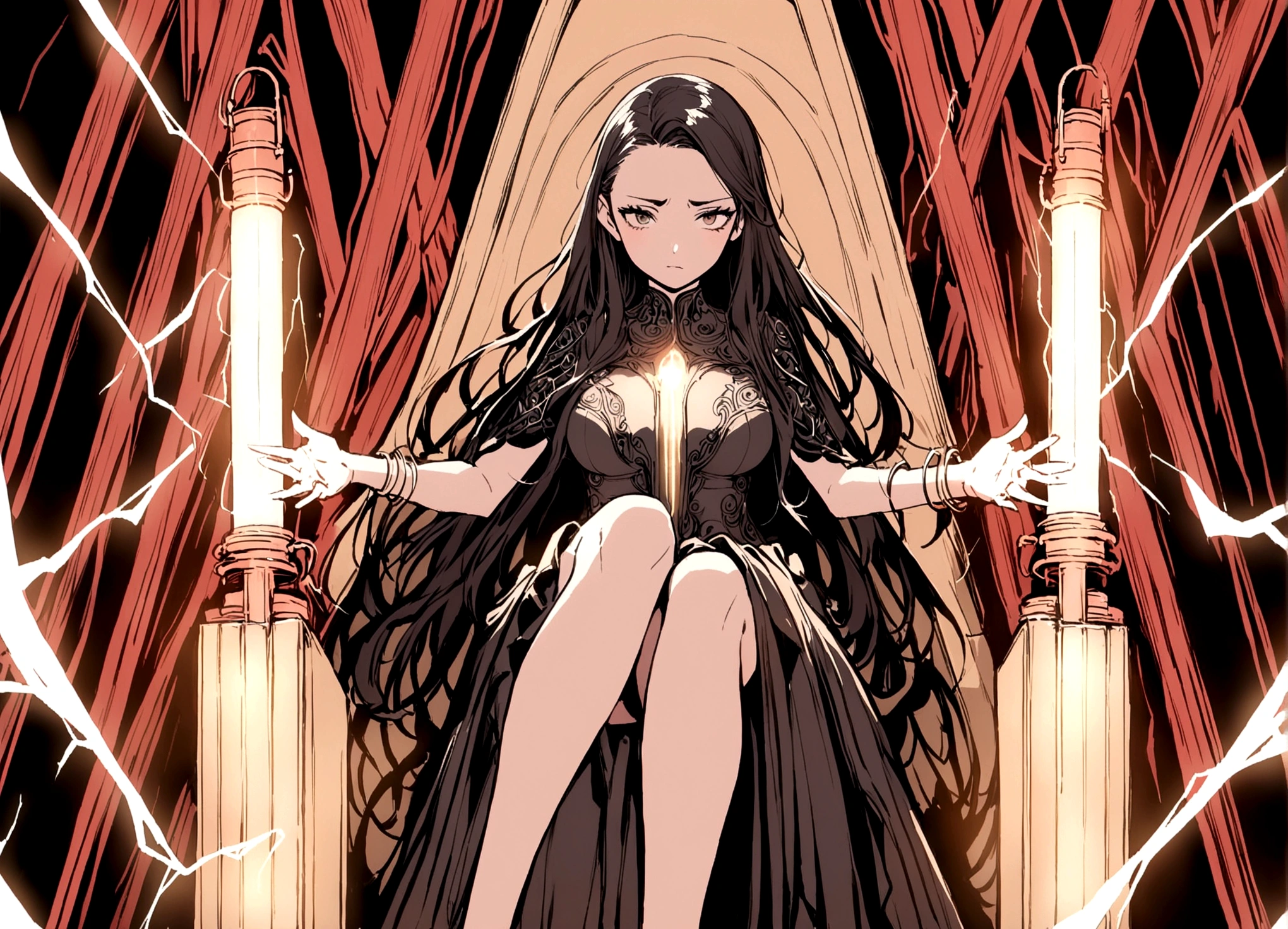 Tesla, 1900, has designed a throne of power (It has a Tesla coil on either side, electricity dances through the lab and across the coils), a lovely woman in an intricate dress sits on the throne and looks worried (her hair is electrified and standing straight out)